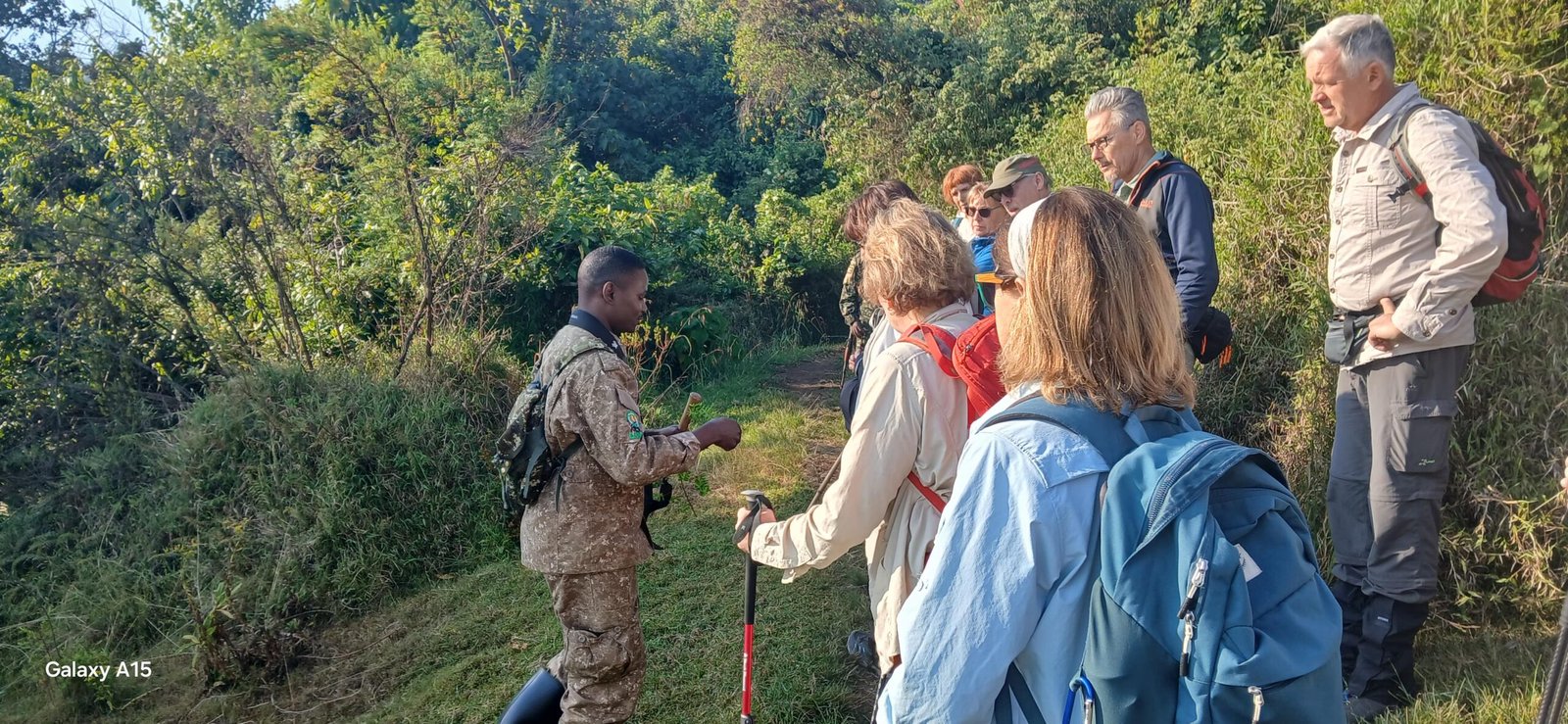 Orugano guide leading guests through Bwindi Forest