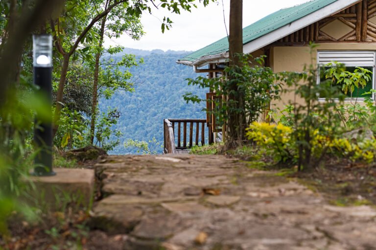 A cottage with a green roof beside a stone path, with forested hills beyond