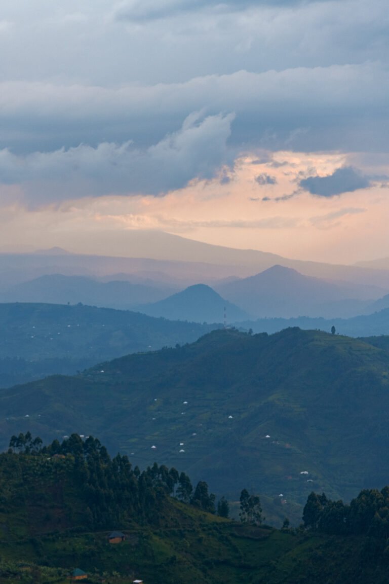 Layered green hills at dusk in south-west Uganda